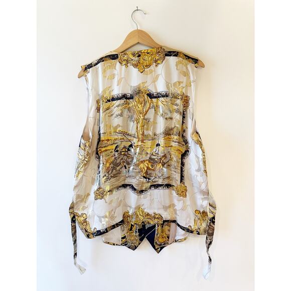Ceta Dolce Vintage 80s Mens Polo Brocade Silk Metallic Tie Back Button Up Vest L - Picture 2 of 11